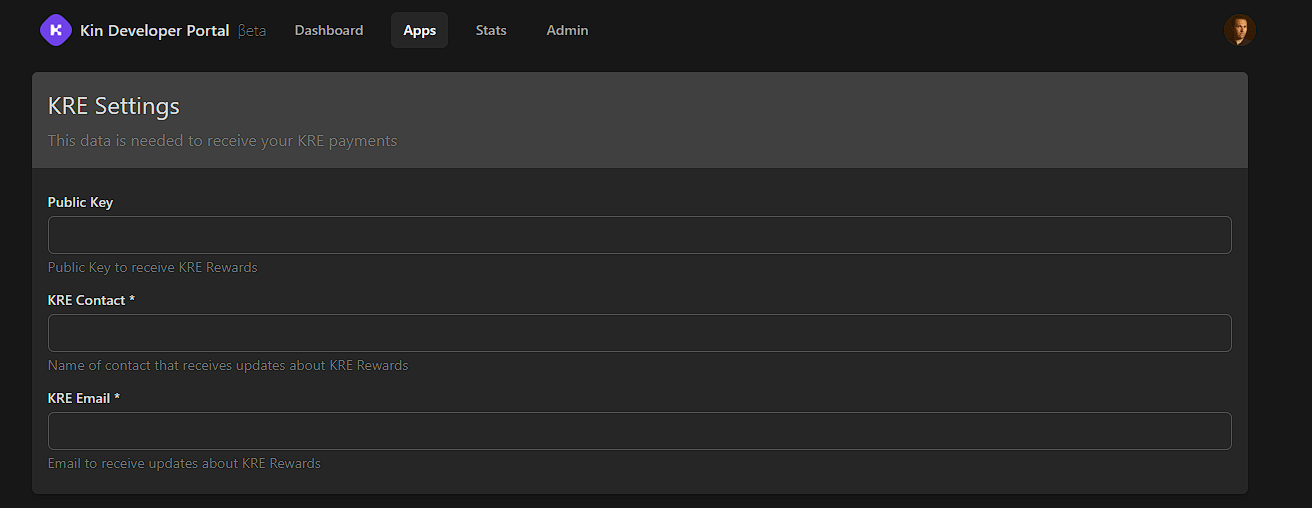 Kin Developer Portal app Settings